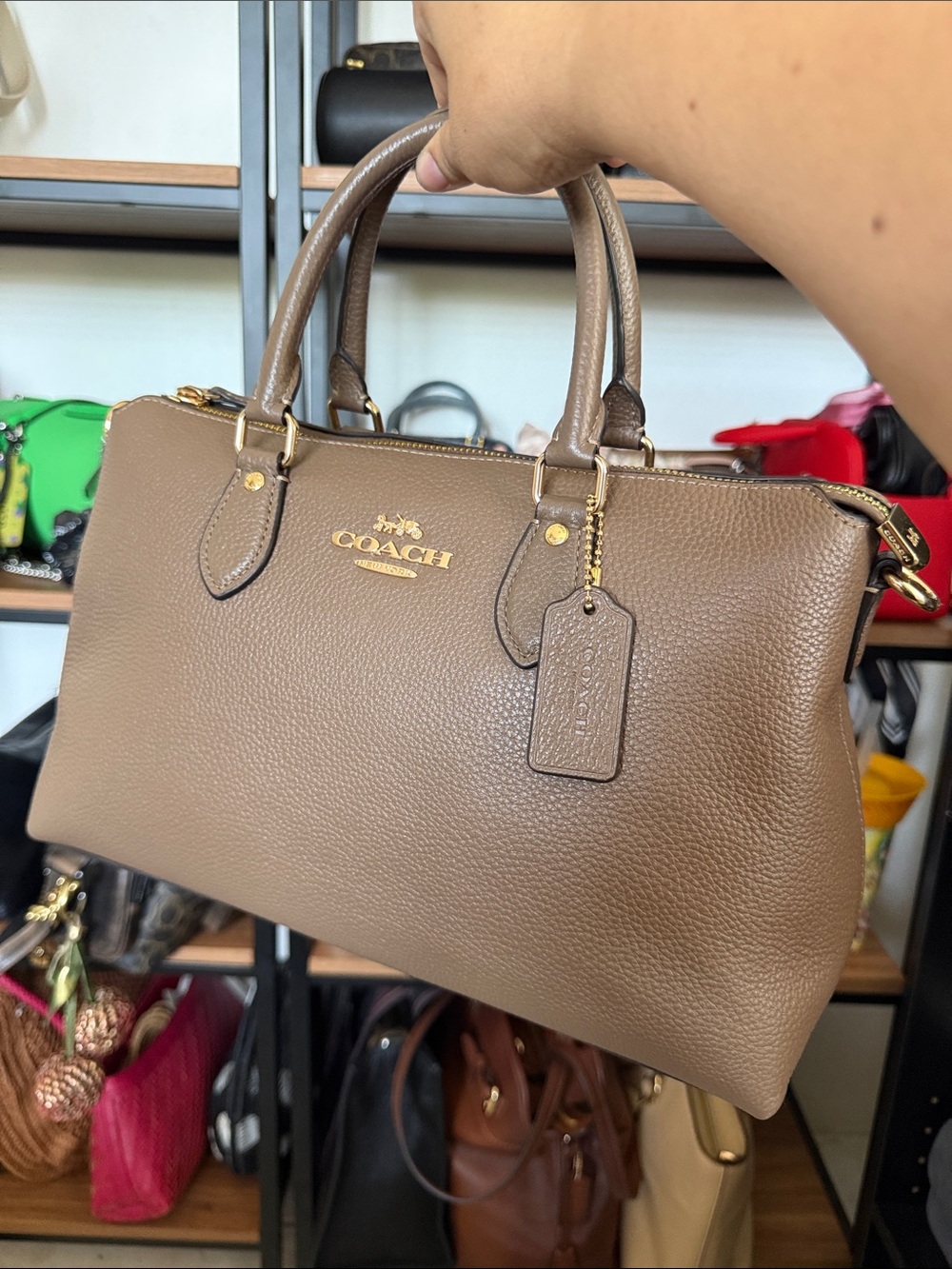 Coach Pebbled Leather Satchel in Taupe with Gold Hardware